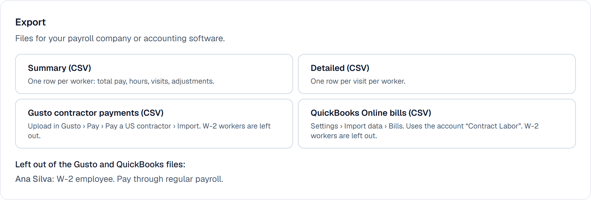 Export options on a locked pay run: Gusto, QuickBooks, summary and detail files